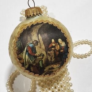 Vtg West Germany Silk Glass hand decorated Nativity ball Christmas ornament